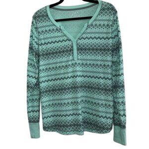 Made For Life Mint Green Fair Isle Print Henley Top Womens Size XL 100% Cotton L